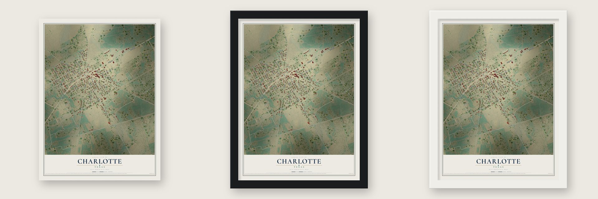 Charlotte, Texas map unframed, in a black wood frame and in a white wood frame