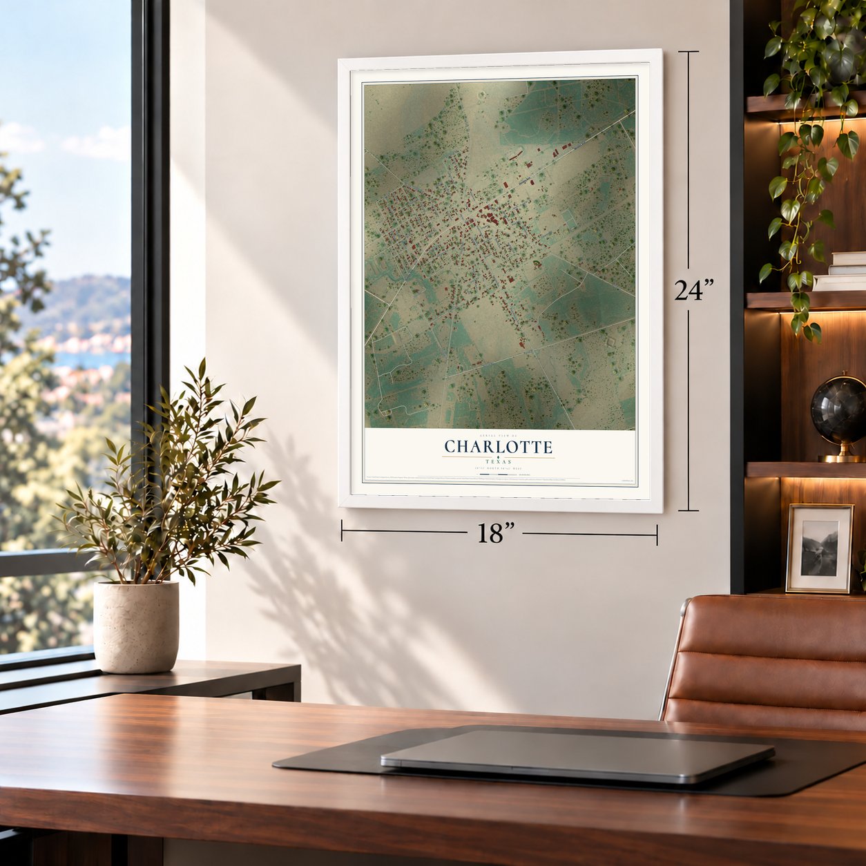 Charlotte, Texas map, 18 x 24 inch print in a white frame in a home office
