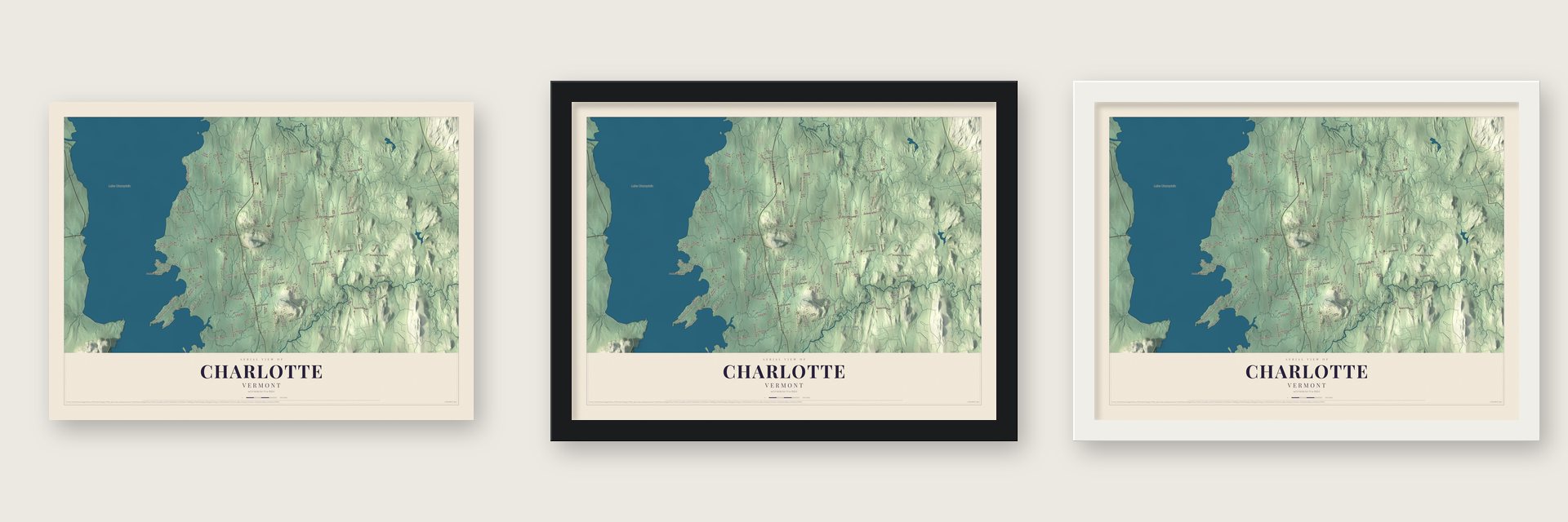 Charlotte, Vermont map unframed, in a black wood frame and in a white wood frame