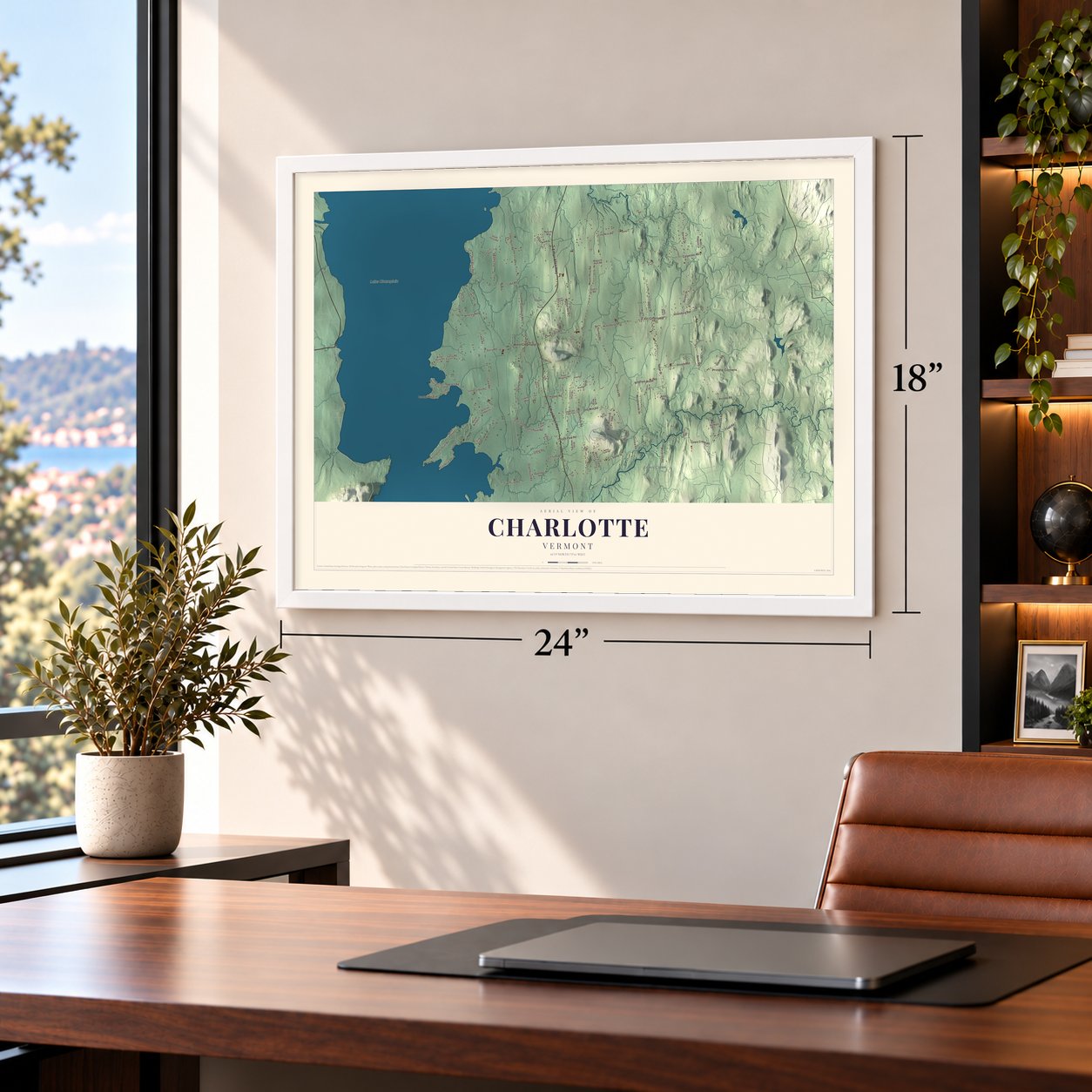 Charlotte, Vermont map, 18 x 24 inch print in a white frame in a home office