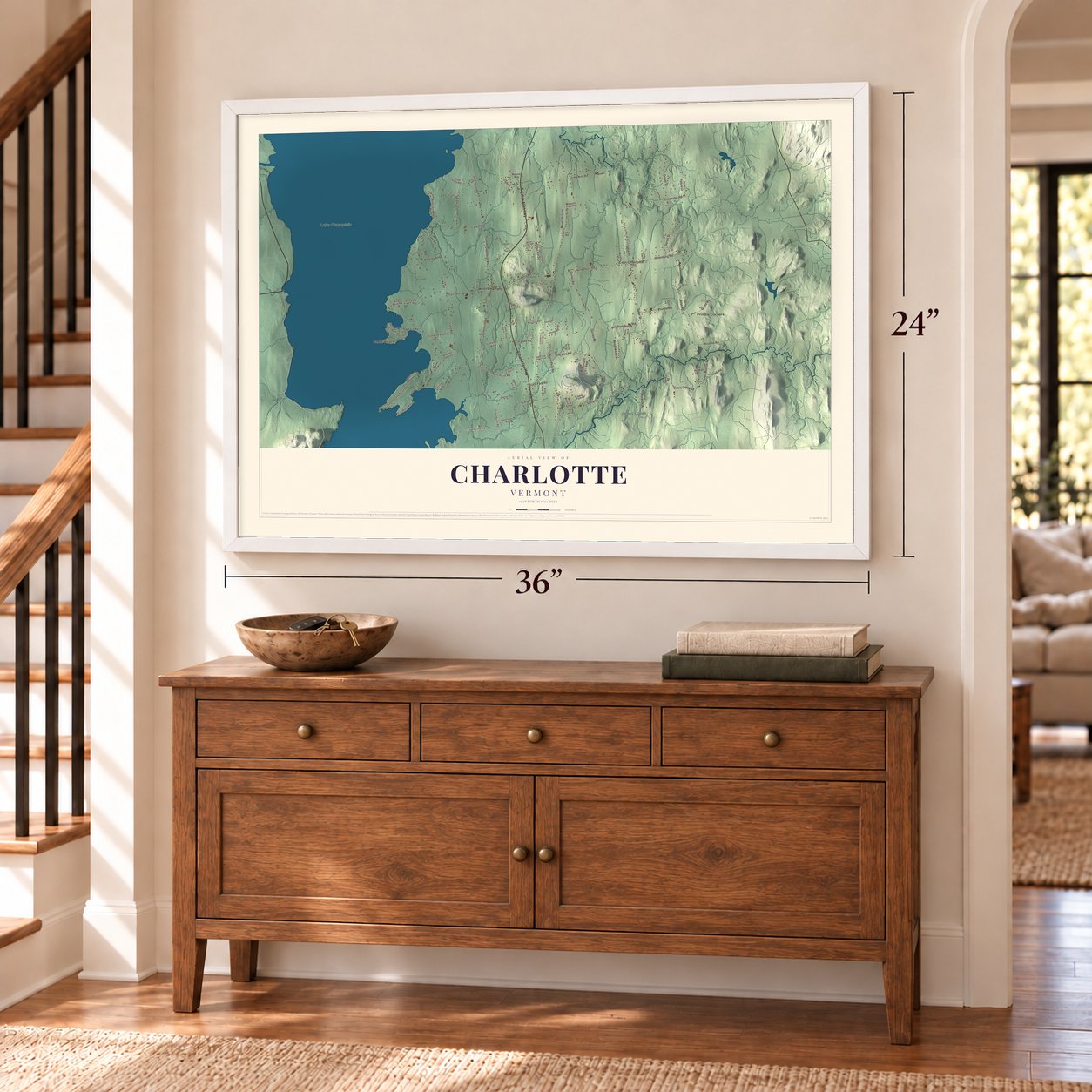 Charlotte, Vermont map, 24 x 36 inch print in a white frame above a dresser by a staircase