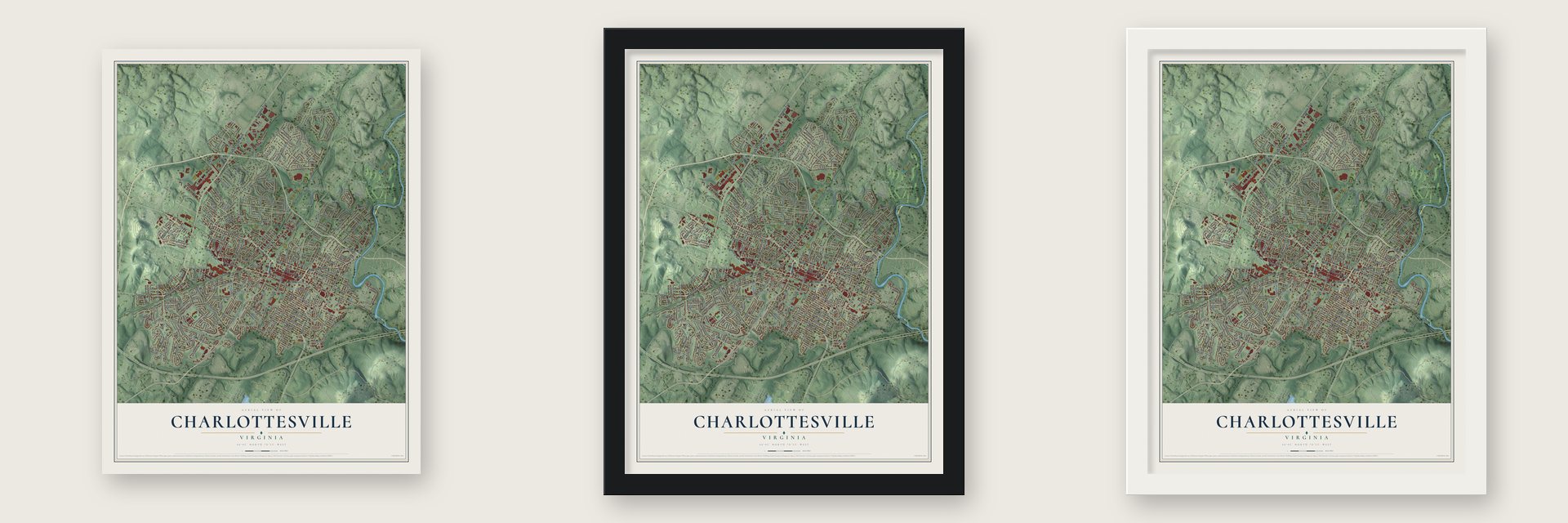 Charlottesville, Virginia map unframed, in a black wood frame and in a white wood frame