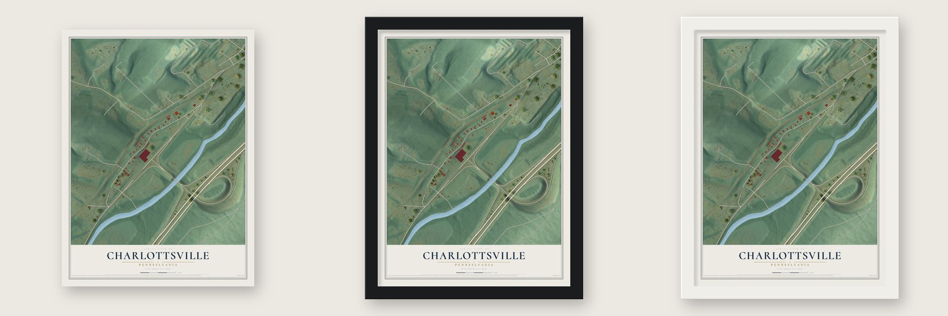 Charlottsville, Pennsylvania map unframed, in a black wood frame and in a white wood frame