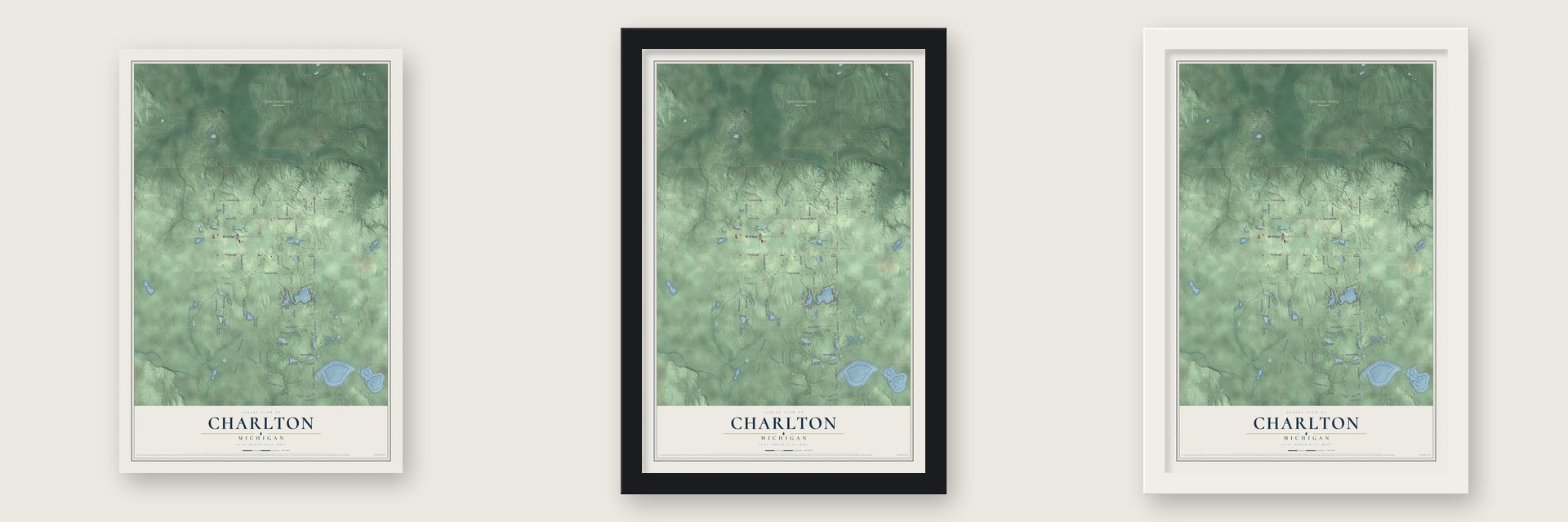 Charlton, Michigan map unframed, in a black wood frame and in a white wood frame