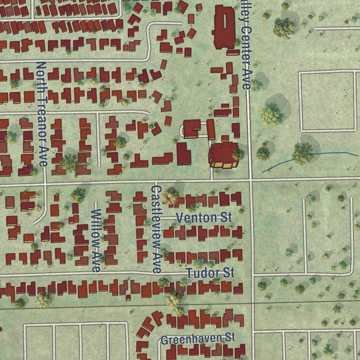 Second close-up of the map of Charter Oak, California print showing more streets and buildings