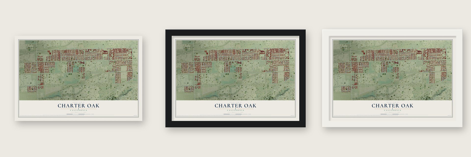 Charter Oak, California map unframed, in a black wood frame and in a white wood frame