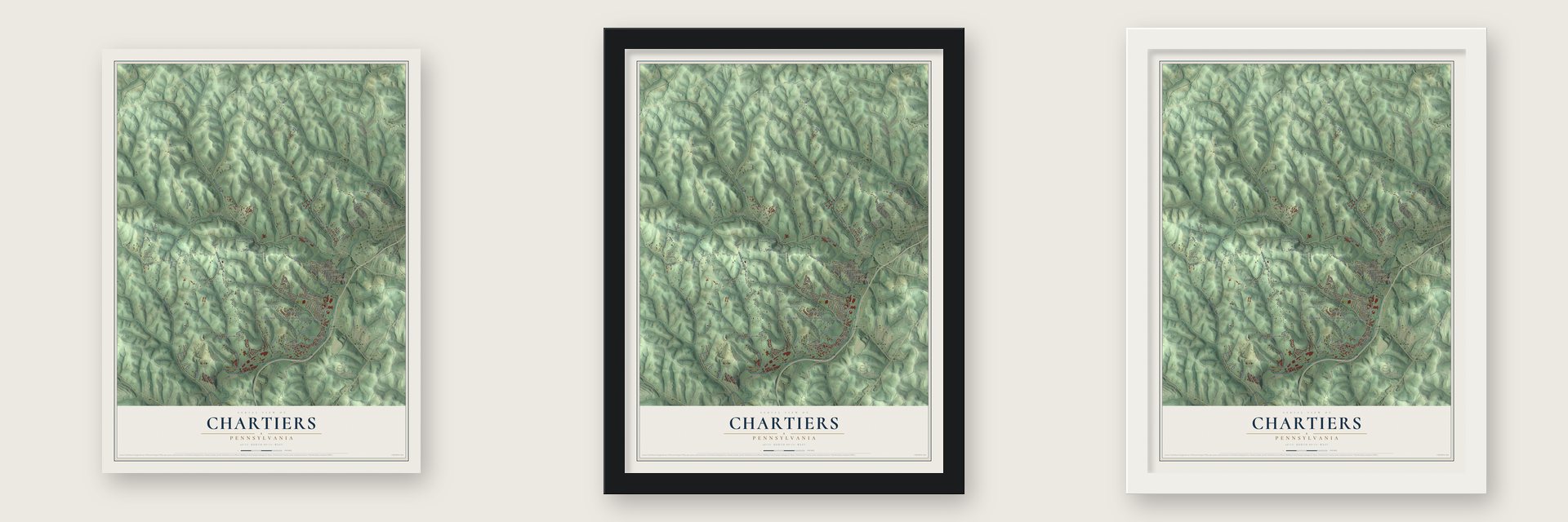 Chartiers, Pennsylvania map unframed, in a black wood frame and in a white wood frame