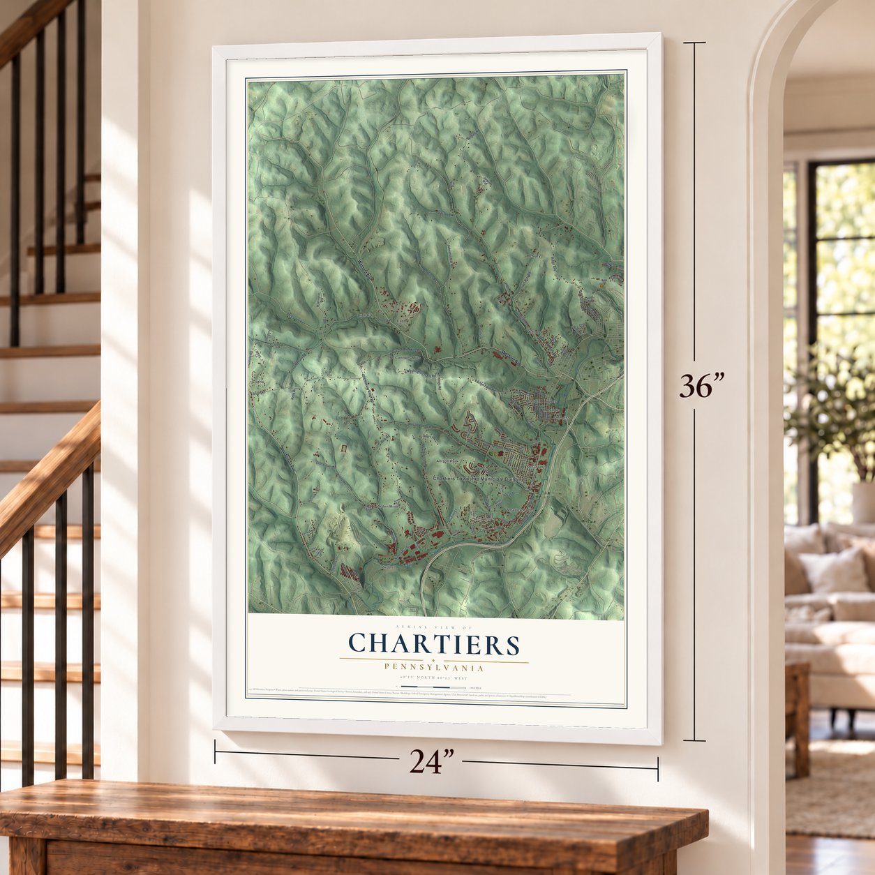 Chartiers, Pennsylvania map, 24 x 36 inch print in a white frame by a staircase