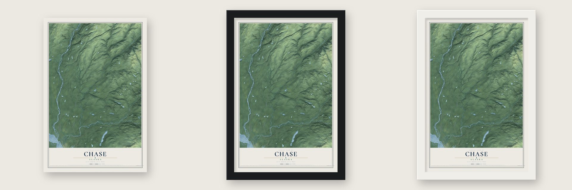 Chase, Alaska map unframed, in a black wood frame and in a white wood frame