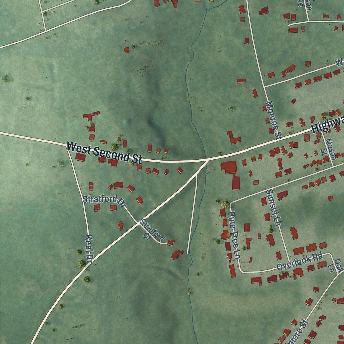 Second close-up of the map of Chase City, Virginia print showing more streets and buildings
