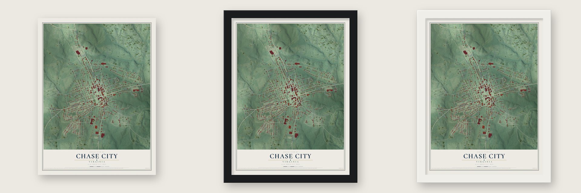 Chase City, Virginia map unframed, in a black wood frame and in a white wood frame
