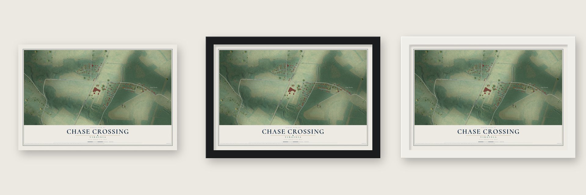 Chase Crossing, Virginia map unframed, in a black wood frame and in a white wood frame