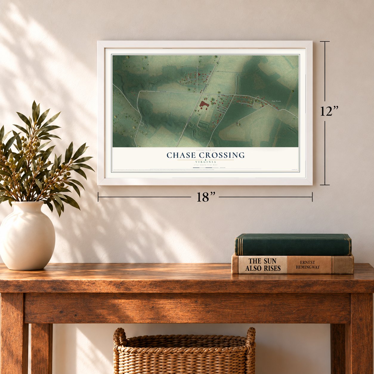 Chase Crossing, Virginia map, 12 x 18 inch print in a white frame in an entryway