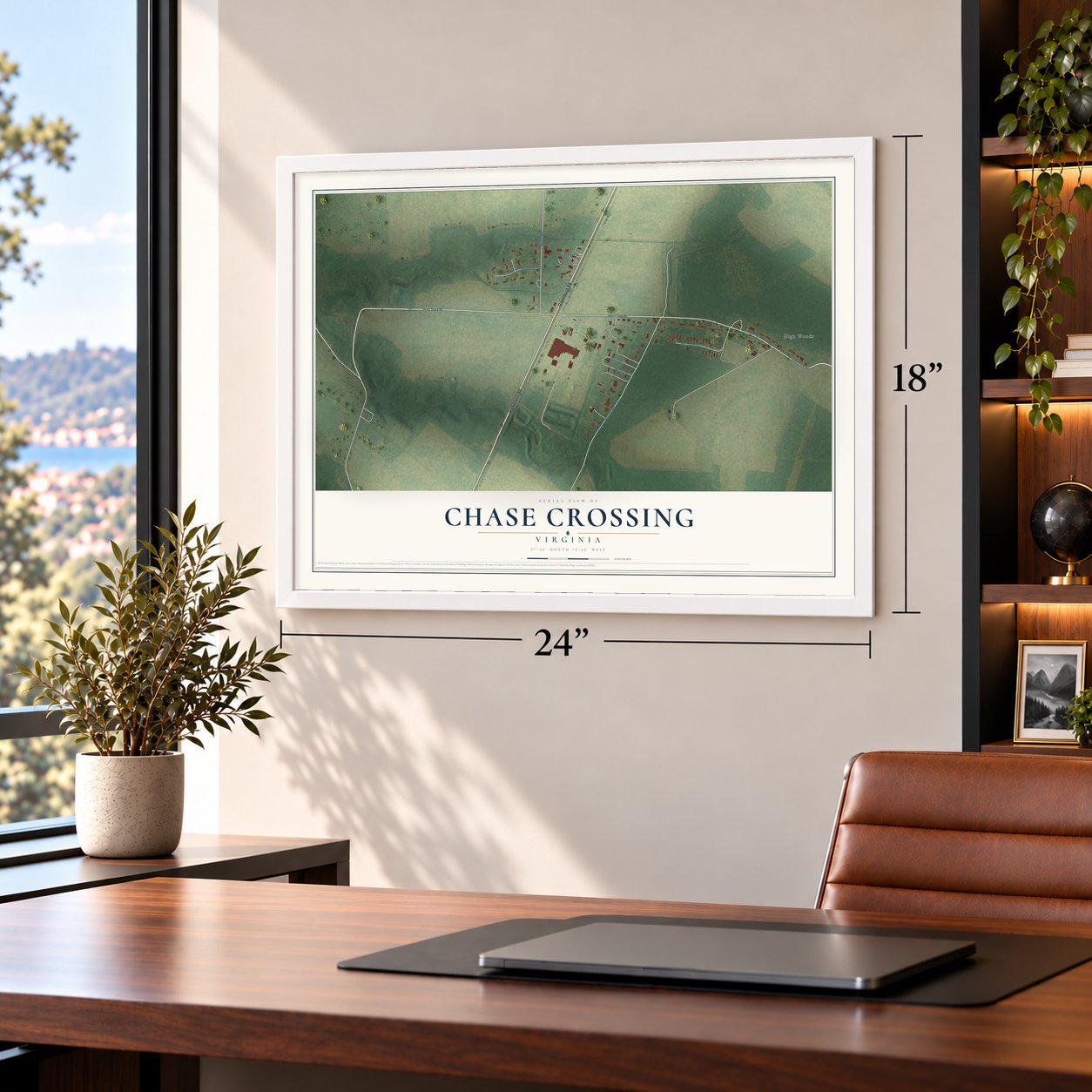 Chase Crossing, Virginia map, 18 x 24 inch print in a white frame in a home office