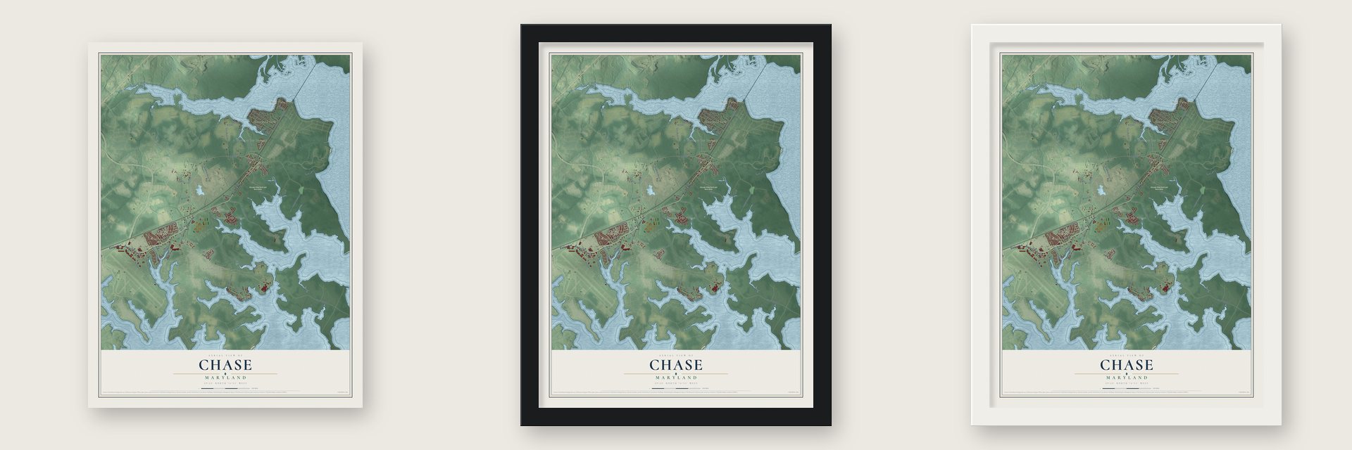 Chase, Maryland map unframed, in a black wood frame and in a white wood frame