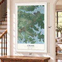 Chase, Maryland map, 24 x 36 inch print in a white frame by a staircase