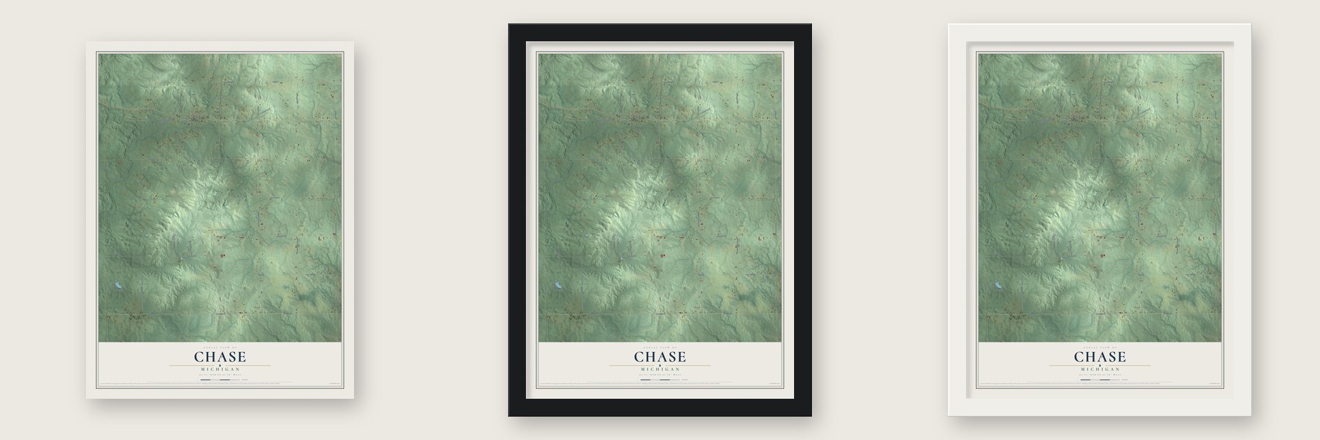 Chase, Michigan map unframed, in a black wood frame and in a white wood frame