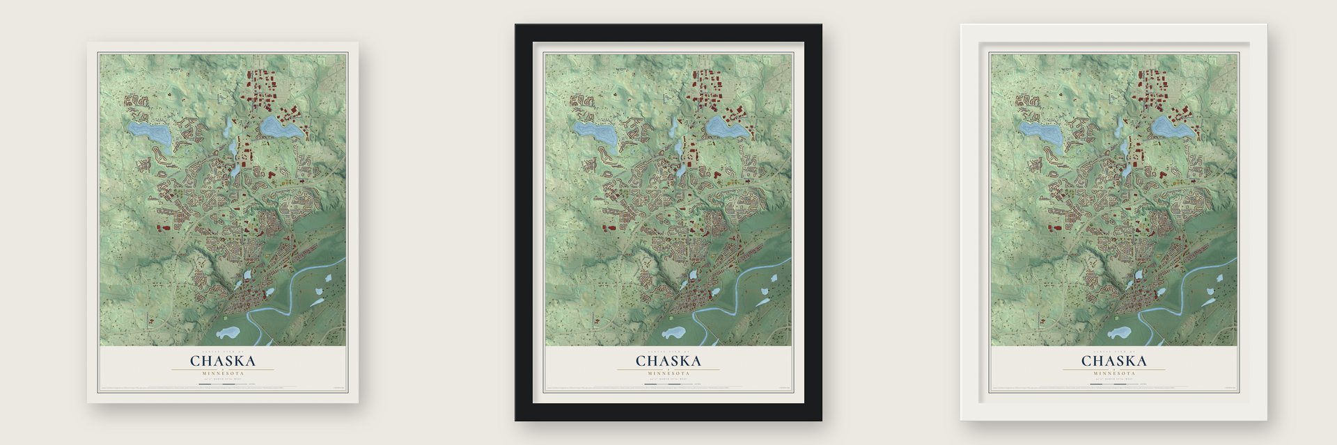 Chaska, Minnesota map unframed, in a black wood frame and in a white wood frame