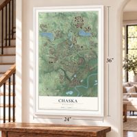 Chaska, Minnesota map, 24 x 36 inch print in a white frame by a staircase