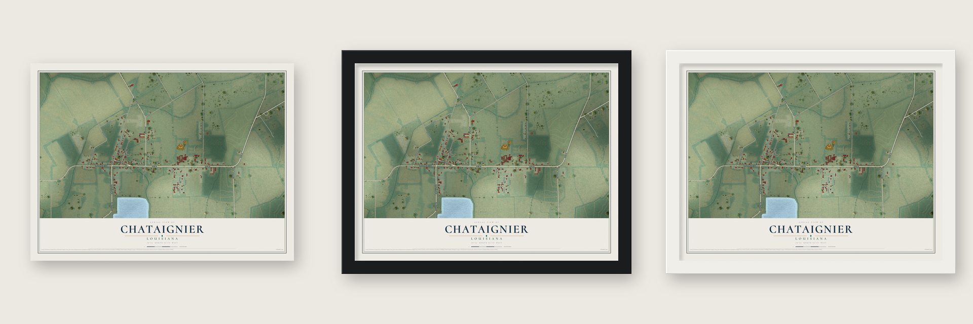 Chataignier, Louisiana map unframed, in a black wood frame and in a white wood frame