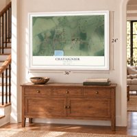 Chataignier, Louisiana map, 24 x 36 inch print in a white frame above a dresser by a staircase