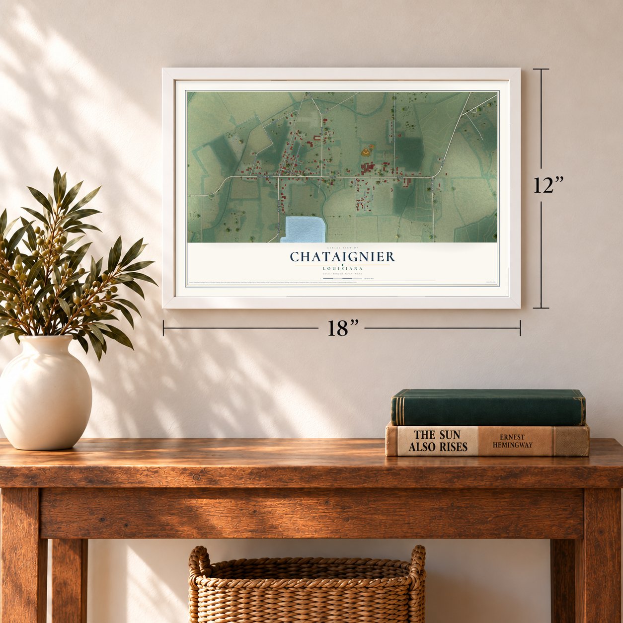 Chataignier, Louisiana map, 12 x 18 inch print in a white frame in an entryway