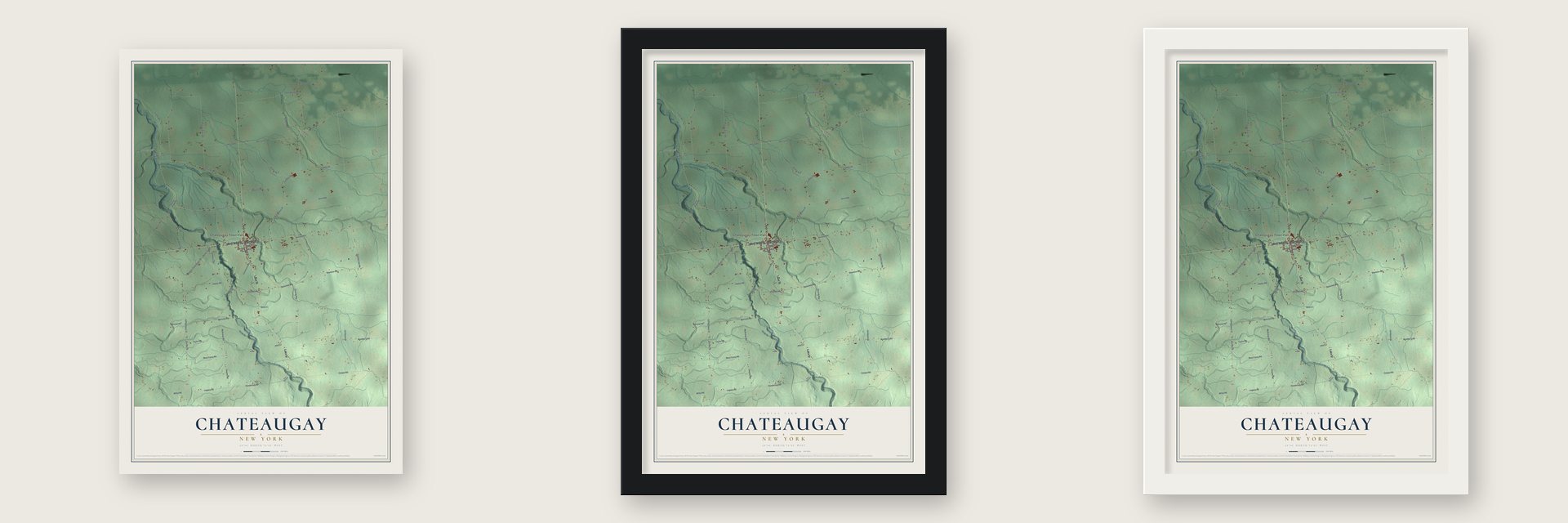 Chateaugay, New York map unframed, in a black wood frame and in a white wood frame