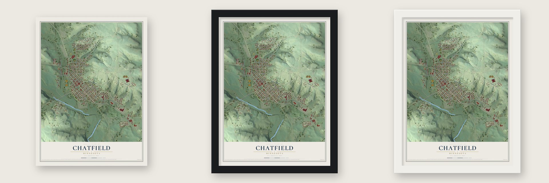 Chatfield, Minnesota map unframed, in a black wood frame and in a white wood frame