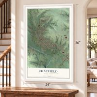 Chatfield, Minnesota map, 24 x 36 inch print in a white frame by a staircase