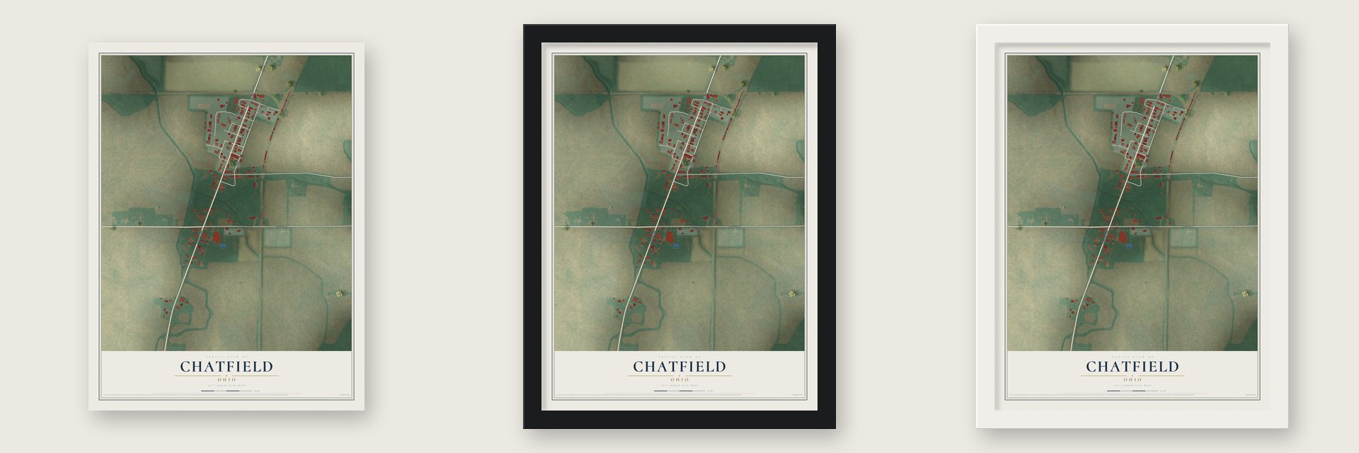 Chatfield, Ohio map unframed, in a black wood frame and in a white wood frame