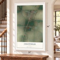 Chatfield, Ohio map, 24 x 36 inch print in a white frame by a staircase