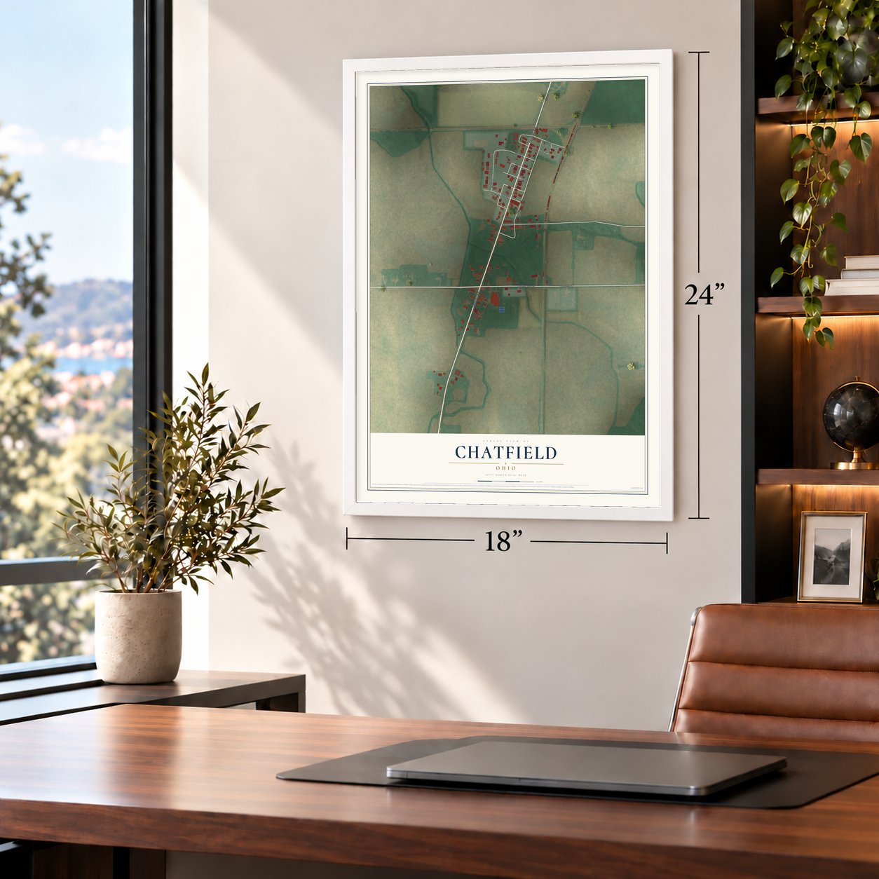 Chatfield, Ohio map, 18 x 24 inch print in a white frame in a home office