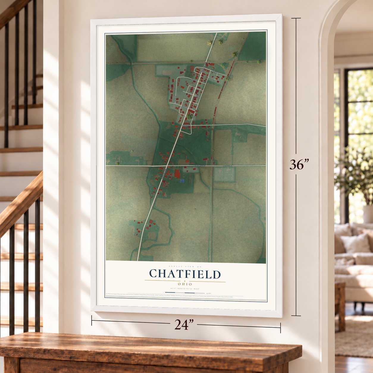 Chatfield, Ohio map, 24 x 36 inch print in a white frame by a staircase