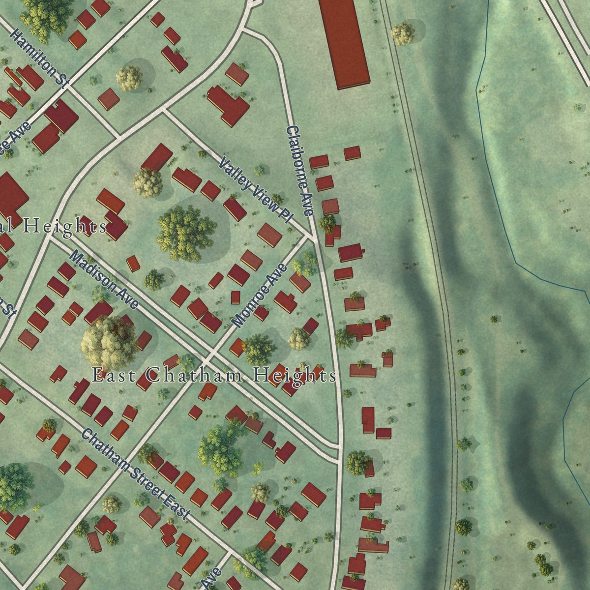 Second close-up of the map of Chatham Heights, Virginia print showing more streets and buildings
