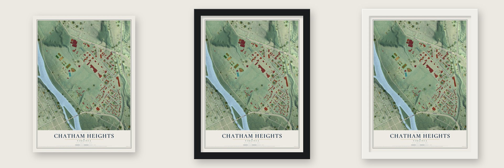 Chatham Heights, Virginia map unframed, in a black wood frame and in a white wood frame