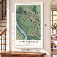 Chatham Heights, Virginia map, 24 x 36 inch print in a white frame by a staircase