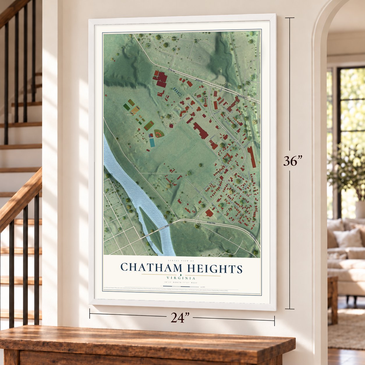 Chatham Heights, Virginia map, 24 x 36 inch print in a white frame by a staircase