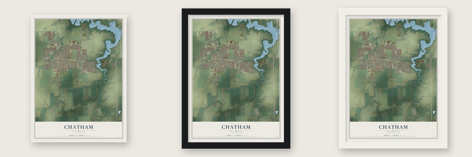 Chatham, Illinois map unframed, in a black wood frame and in a white wood frame