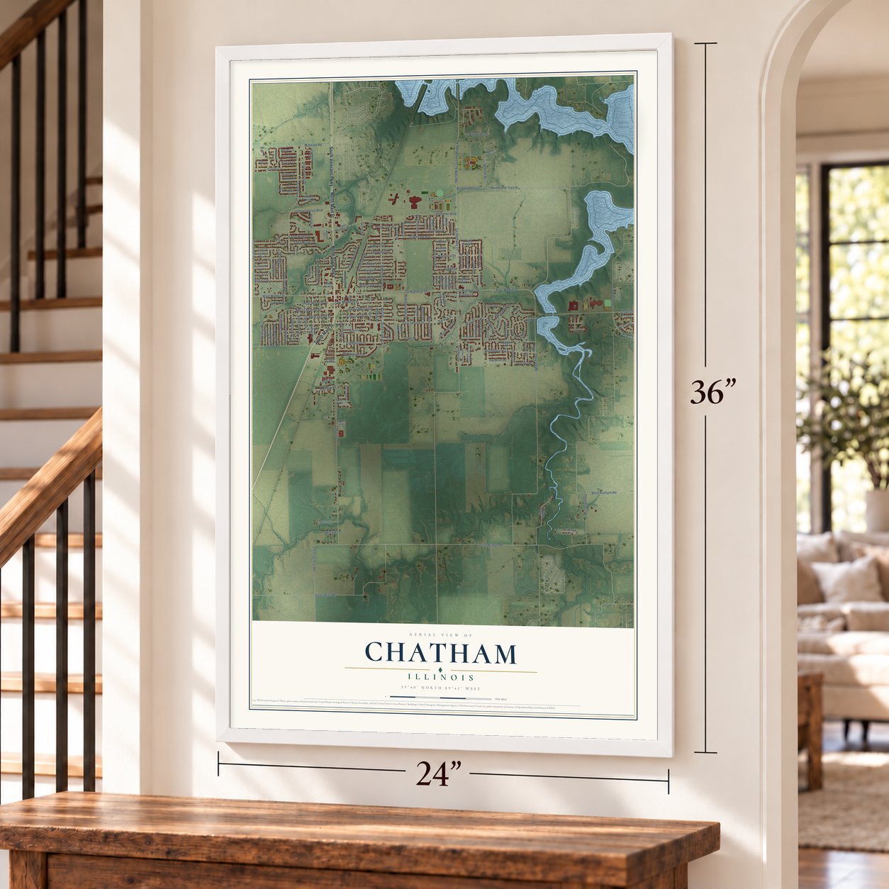 Chatham, Illinois map, 24 x 36 inch print in a white frame by a staircase