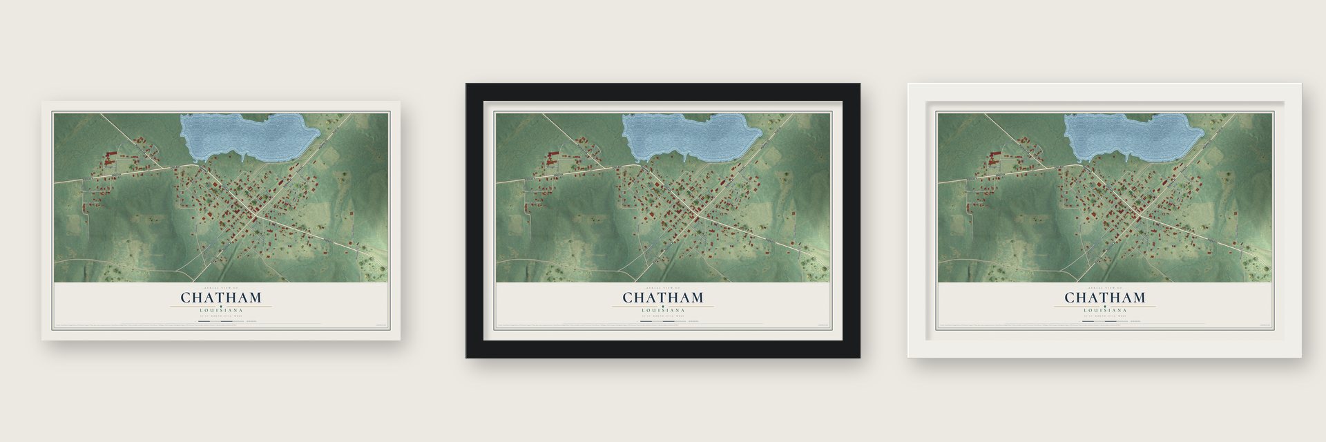 Chatham, Louisiana map unframed, in a black wood frame and in a white wood frame