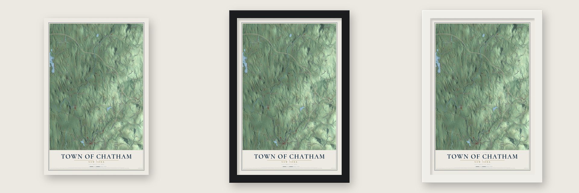 Town of Chatham, New York map unframed, in a black wood frame and in a white wood frame