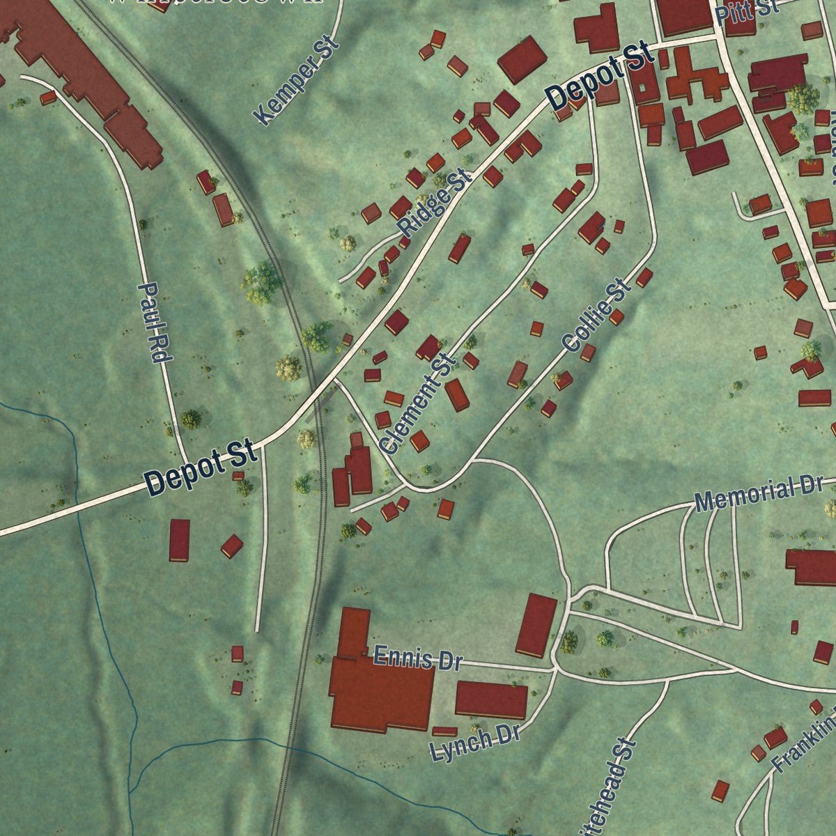 Second close-up of the map of Chatham, Virginia print showing more streets and buildings