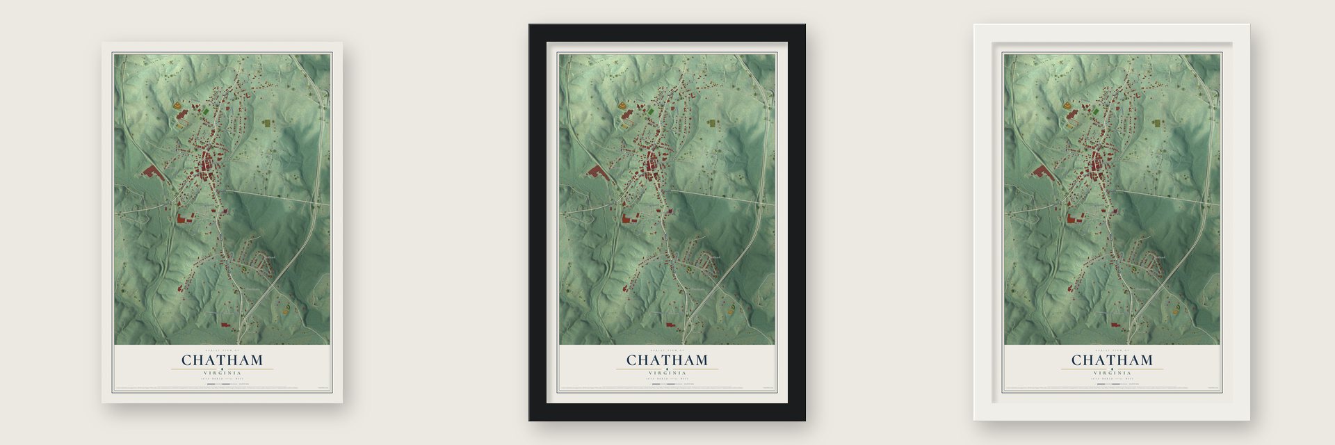 Chatham, Virginia map unframed, in a black wood frame and in a white wood frame