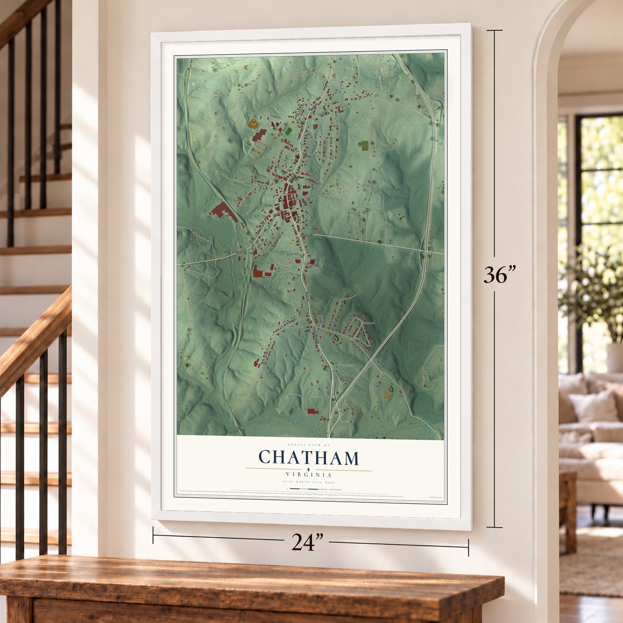 Chatham, Virginia map, 24 x 36 inch print in a white frame by a staircase