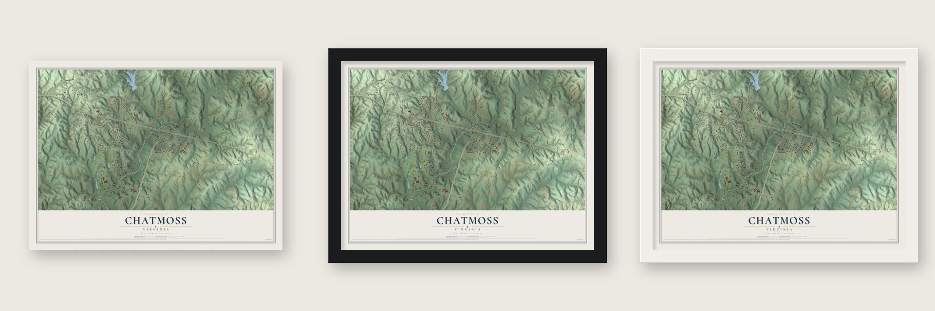 Chatmoss, Virginia map unframed, in a black wood frame and in a white wood frame