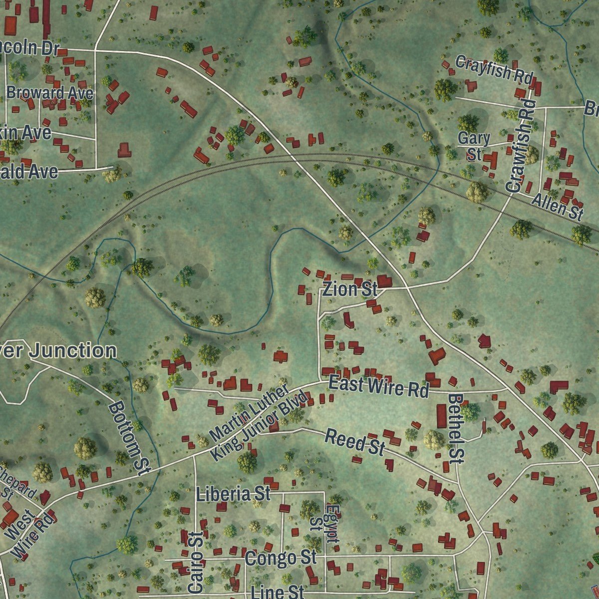 Second close-up of the map of Chattahoochee, Florida print showing more streets and buildings