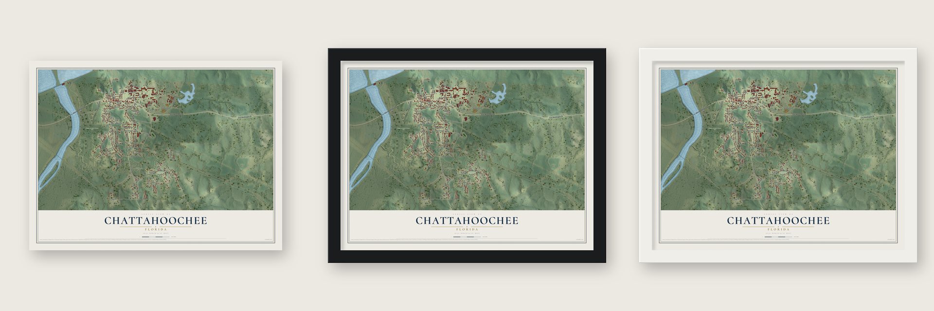 Chattahoochee, Florida map unframed, in a black wood frame and in a white wood frame