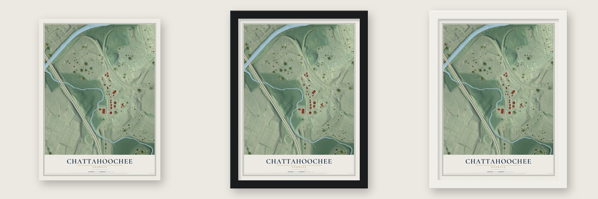 Chattahoochee, Georgia map unframed, in a black wood frame and in a white wood frame