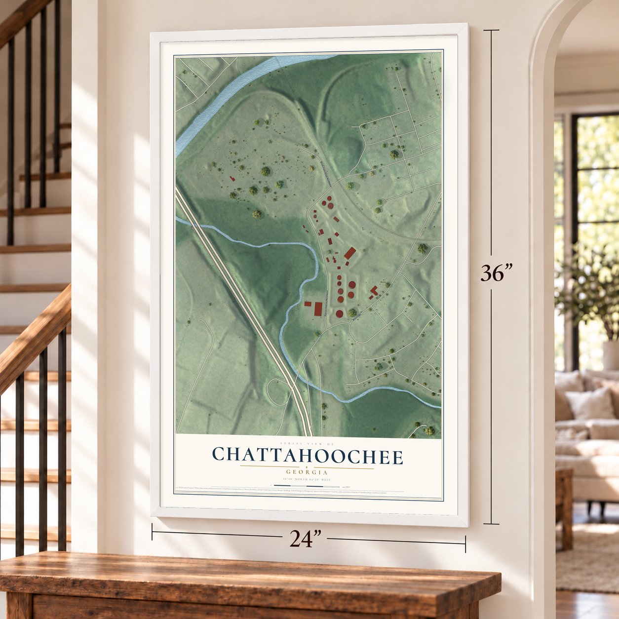 Chattahoochee, Georgia map, 24 x 36 inch print in a white frame by a staircase