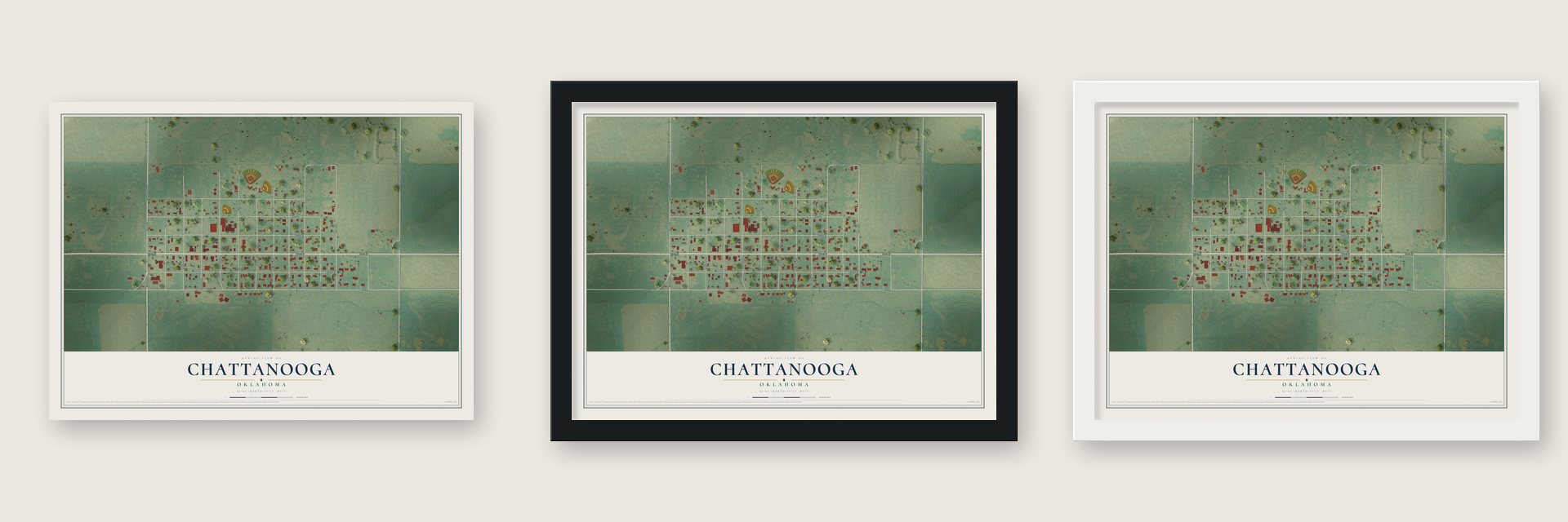 Chattanooga, Oklahoma map unframed, in a black wood frame and in a white wood frame